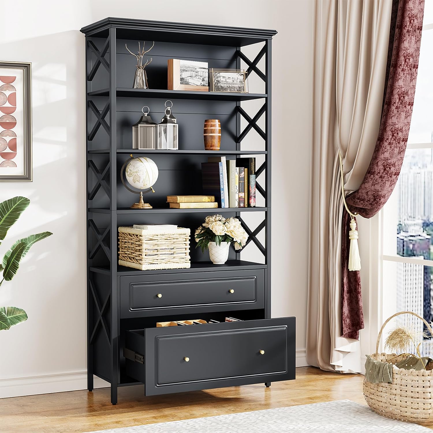 5-Tier Bookshelf, Industrial Bookcase Display Shelf with 2 Drawers