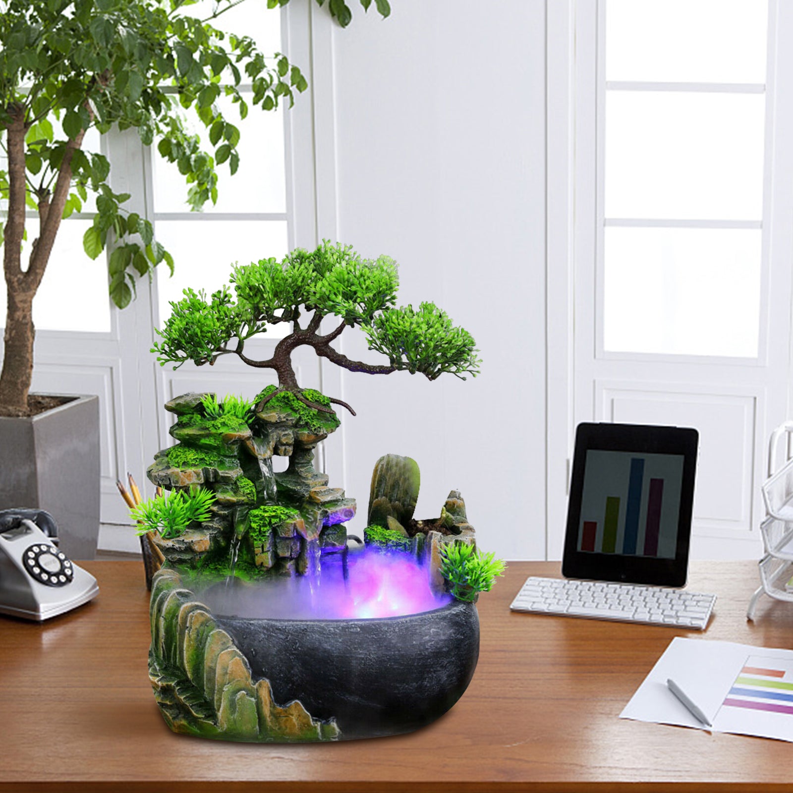 Miumaeov Resin Desktop Atomizing Rockery Fountain Waterfall+LED Lamp for Decor Electric Home Office Desk