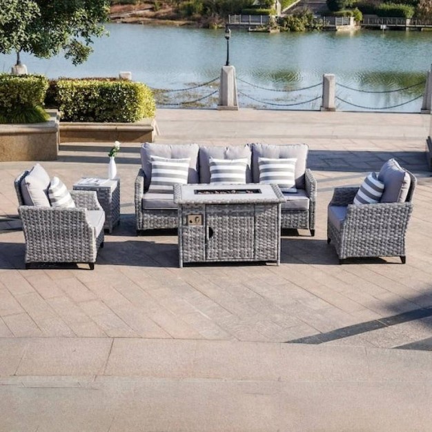 5pc Patio Wicker Conversation Set With Fire Pit Light Gray Direct Wicker