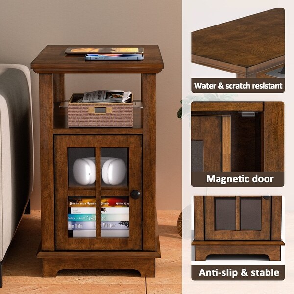 End Table with Charging Station， Narrow Side Table with Storage， Nightstand for Small Spaces with USB - as picture