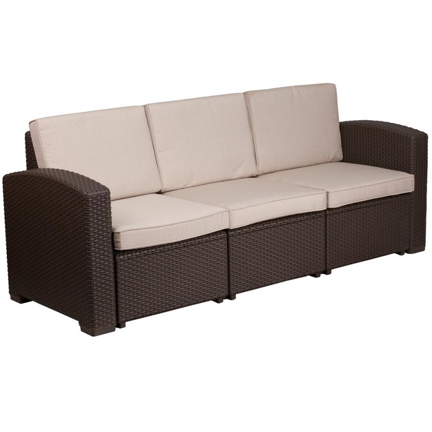 Flash Furniture Chocolate Brown Faux Rattan Sofa With All weather Beige Cushions