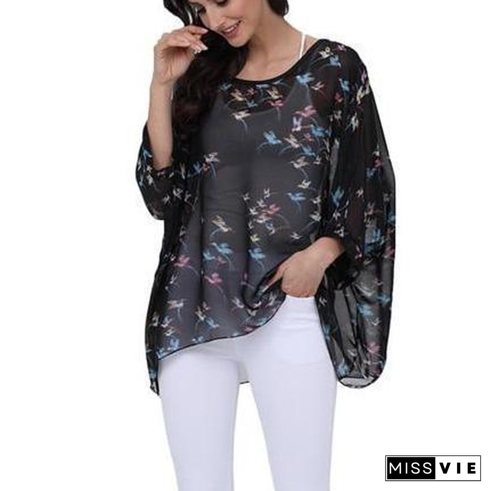 6XL Plus Size Women Chiffon Blouse Shirt Batwing Sleeve Tops Blouses