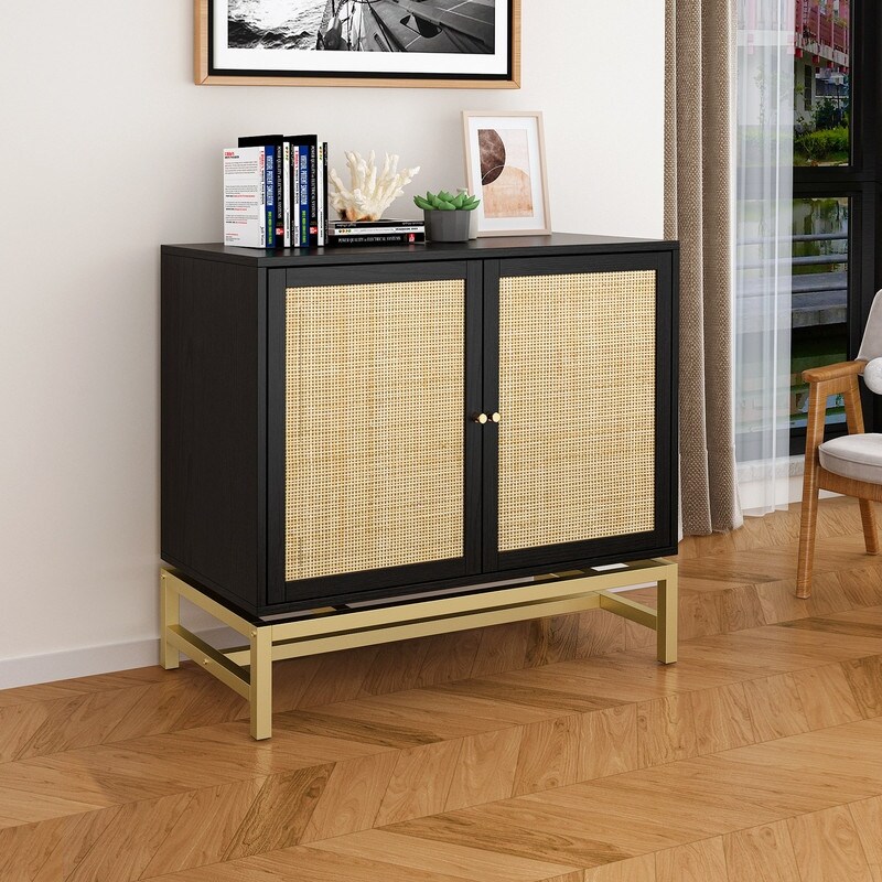 2 Door Accent Cabinet Storage Cabinet With Rattan Skin Decoration 1 Adjustable Inner Shelves For Dining Room and Living Room