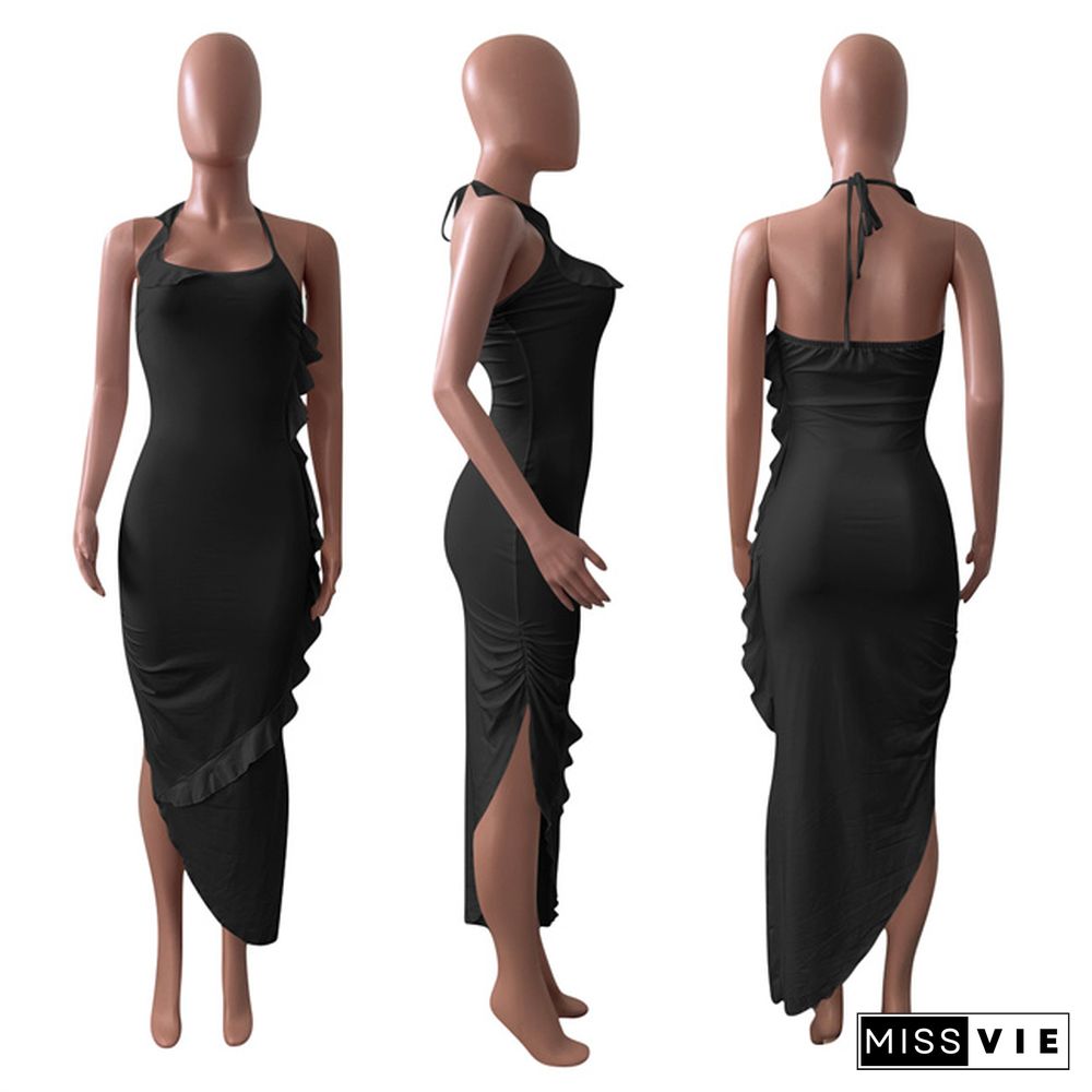 Elegant Solid Color Ruffles Women Summer Sexy Asymmetric Night Club Halter Bodycon Maxi Dress