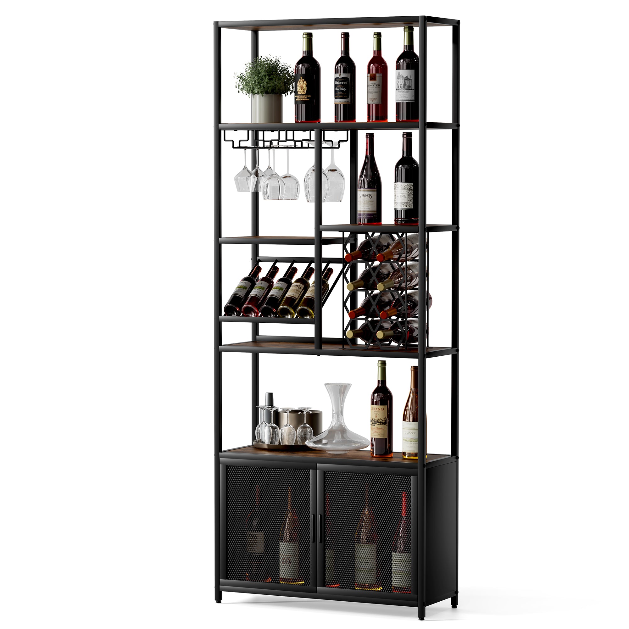 Industrial Vertical Wine Rack with Glass Shelves, 82.7 inch Tall Freestanding Floor Standing Bar Cabinet