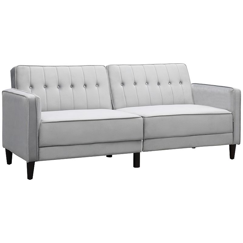 HOMCOM Convertible Sleeper Sofa， Futon Sofa Bed with Split Back Design Recline， Thick Padded Velvet-Touch Cushion Seating and Wood Legs， Light Grey