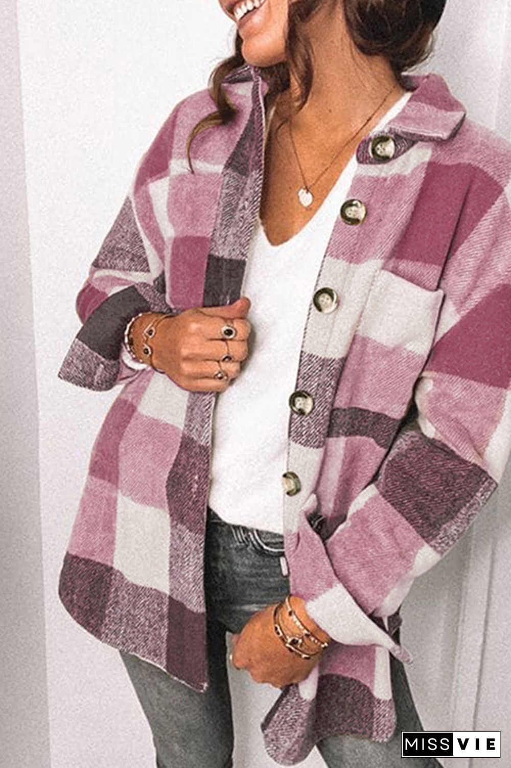 Casual Facecloth Tweed Plaid Blazer Shacket Jacket Wholesale