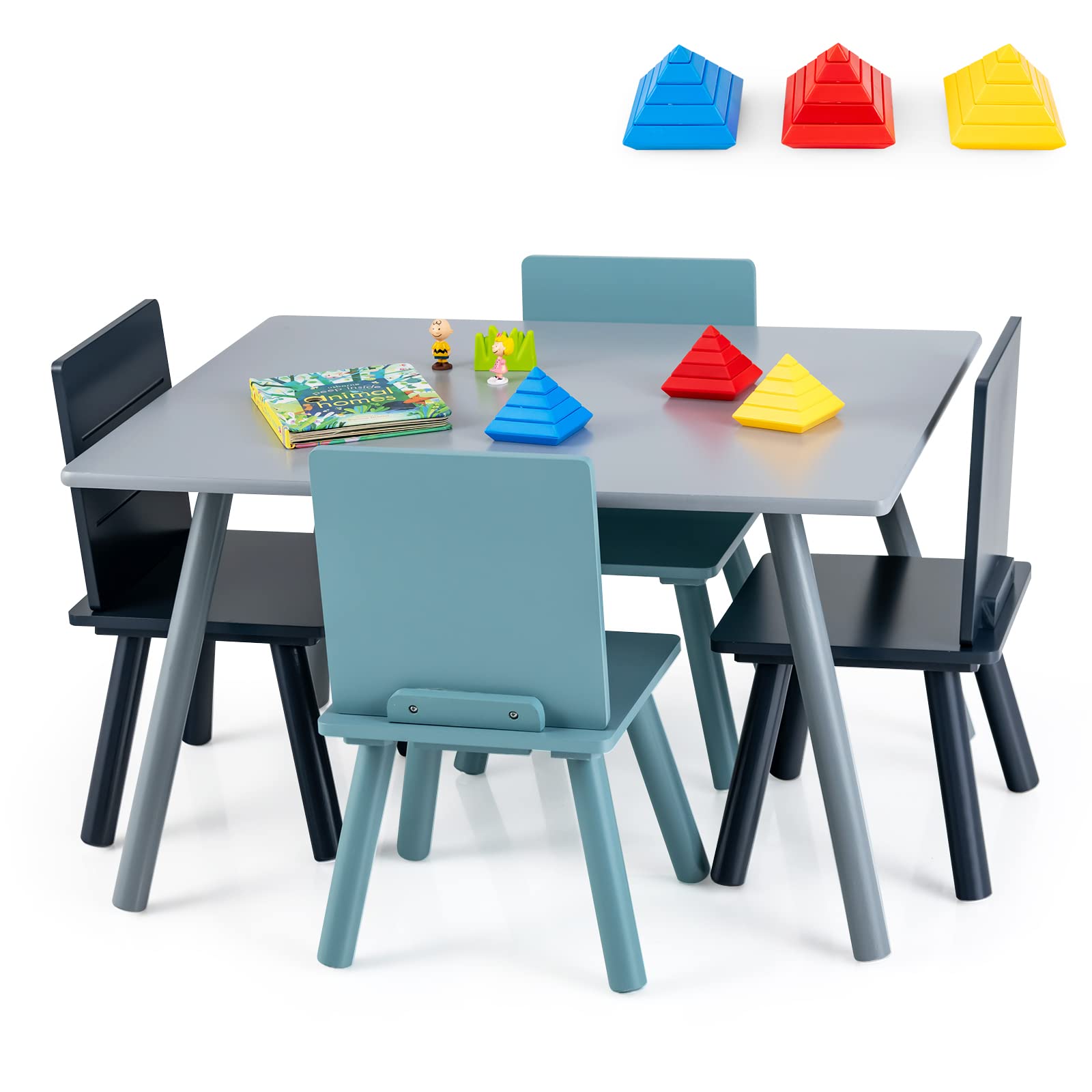 Costzon Kids Table and Chair Set, 5-Piece Toddler Table & 4 Chairs, (Grey, Blue)