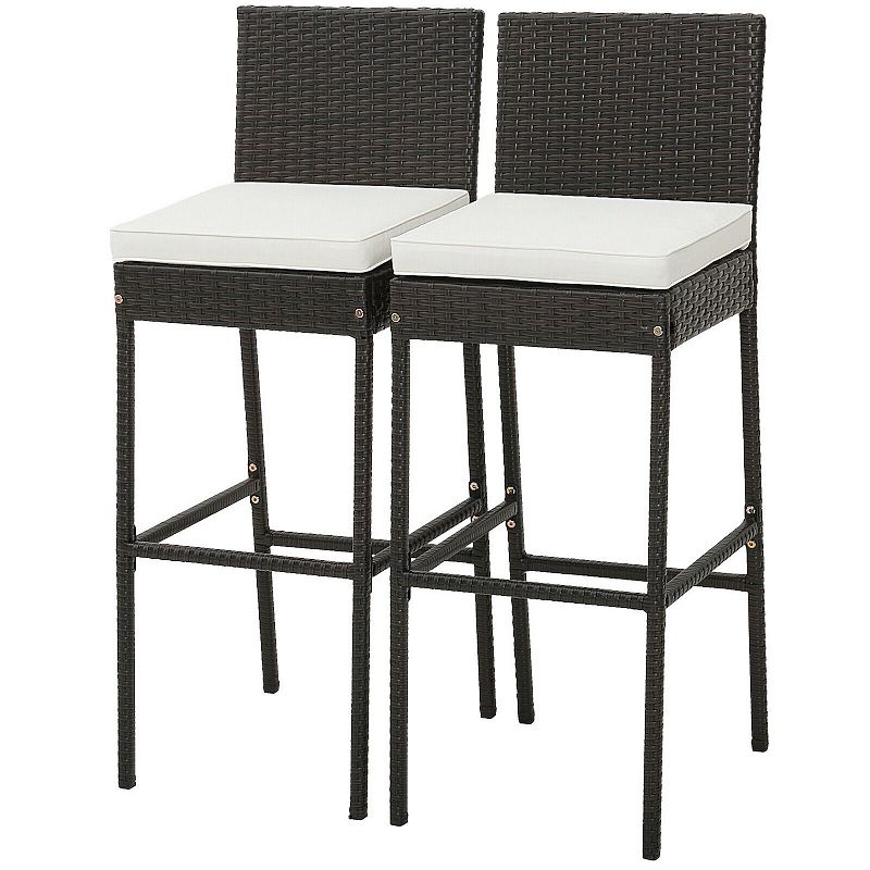 2 Pieces Patio Cushioned Wicker Barstools with Cozy Footrest