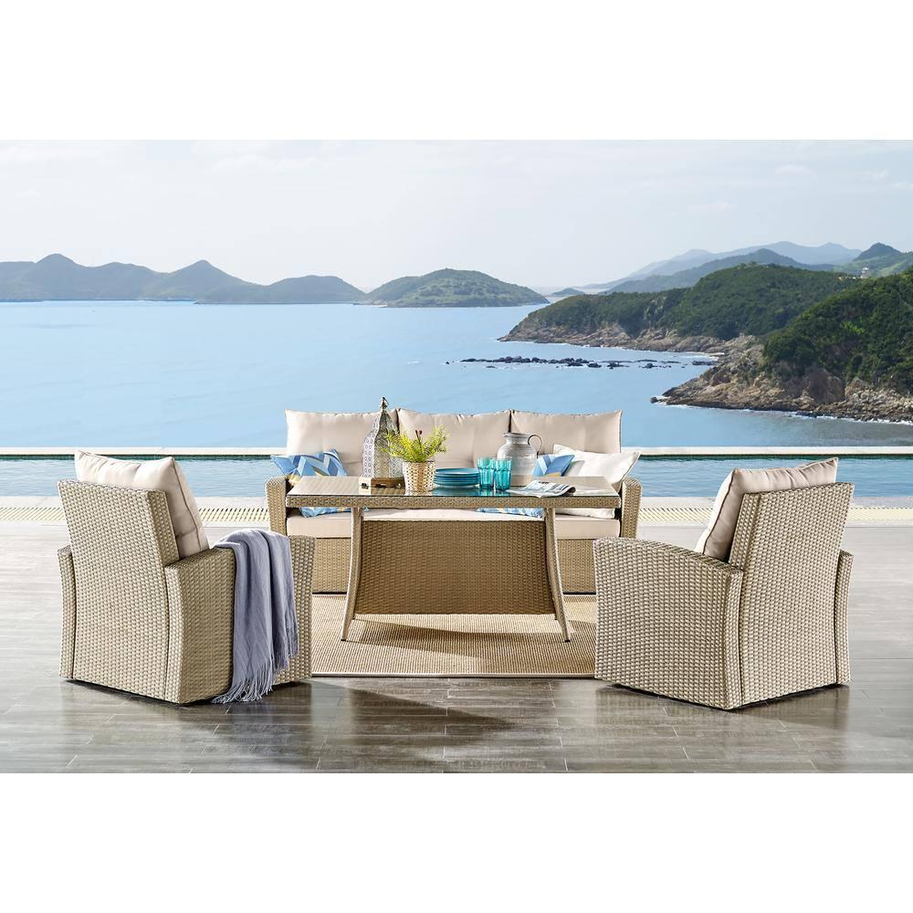 Alaterre Furniture Canaan Beige Stationary AllWeather Wicker Outdoor Lounge Chair with Cream Cushions