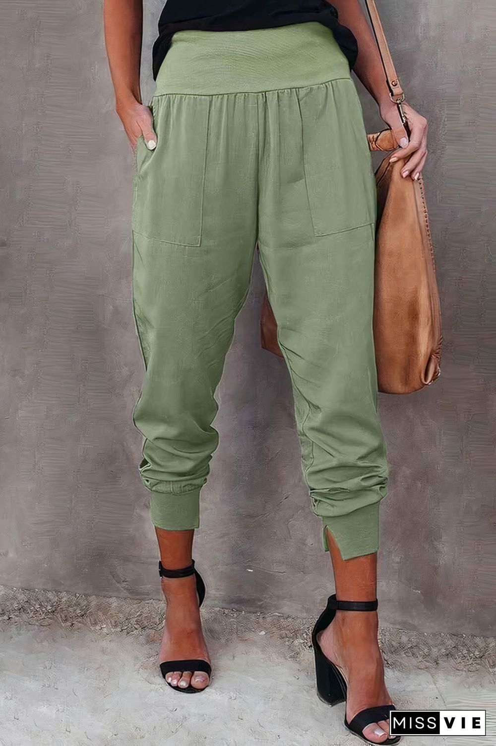 Wide Waistband Slant Pocket High Waist Split Hem Skinny Pants