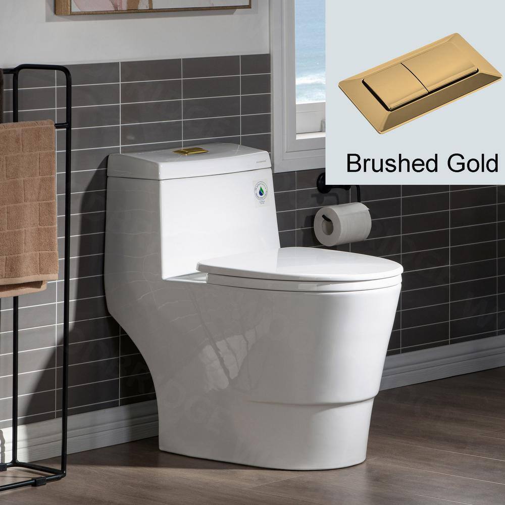 WOODBRIDGE Everette 1-piece 1.11.6 GPF Dual Flush Elongated Toilet in White with Seat Included and Brushed Gold Flush Button HB0940-BG