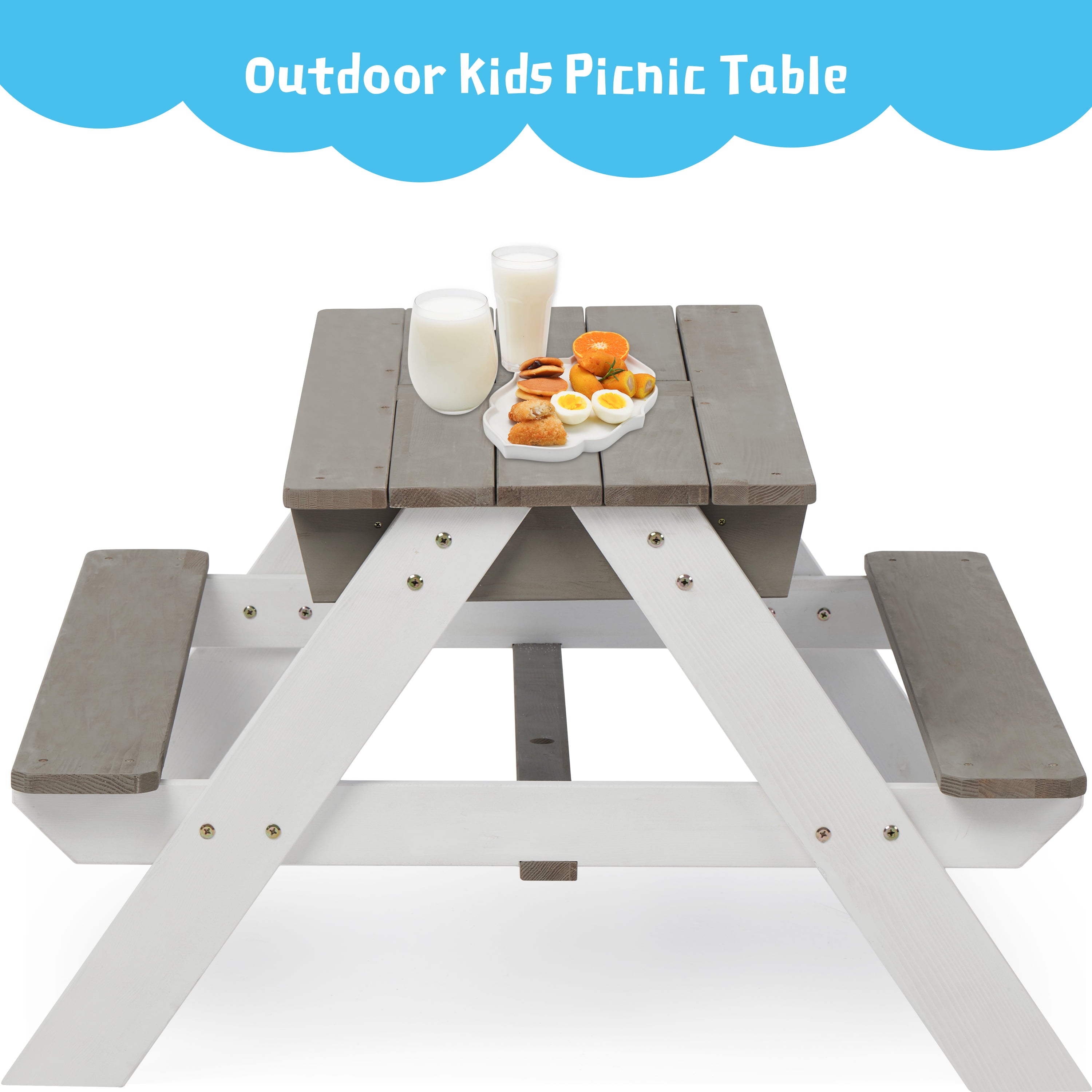 D-road 3-in-1 Kids Outdoor Wooden Picnic Table W/ Umbrella, Convertible Sand & Wate W/ Toys, Gray