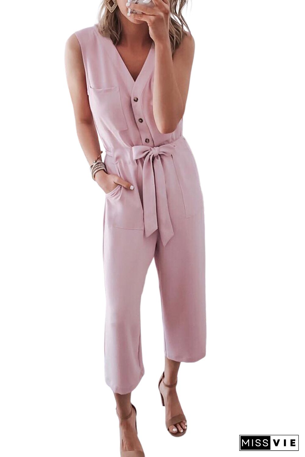 Pink Buttoned Sleeveless Cropped Jumpsuit with Sash