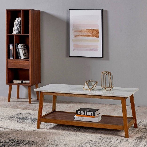 Kingston Wooden Coffee Table With Storage And Marble Look Top Walnut Teamson Home