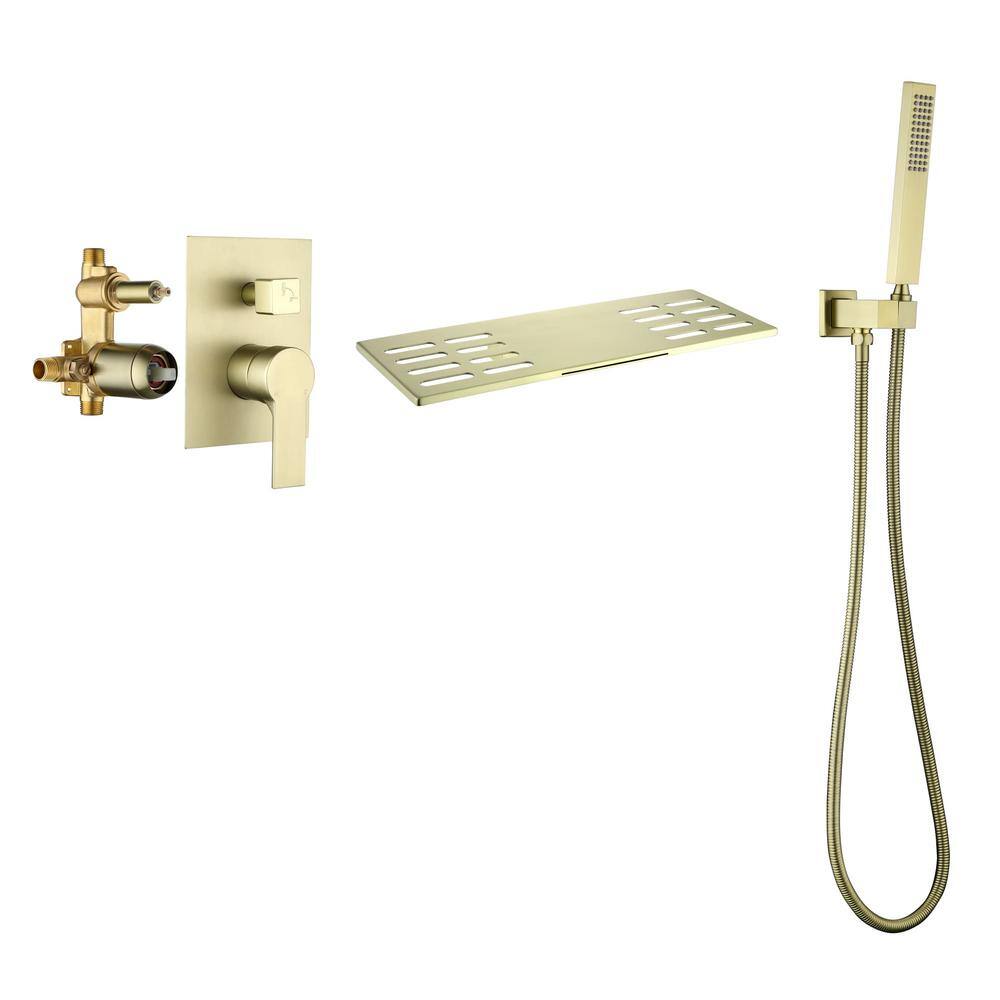 FLG Single-Handle Wall Mount Roman Tub Faucet with Hand Shower Brass Waterfall Bath Tub Filler with Sprayer in Brushed Gold SS-0199-BG