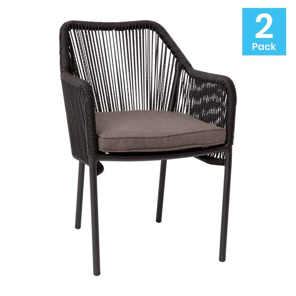 Kallie Set of 2 All-Weather Black Woven Stacking Club Chairs with Rounded Arms and Gray Zippered Seat Cushions