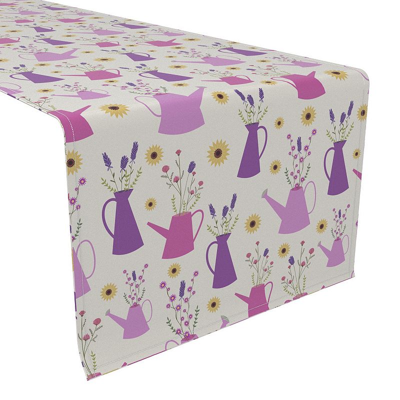 Table Runner， 100% Cotton， 16x72， Wild Flowers and Purple Watering Cans