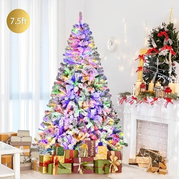 7.5ft SnowFlocked Artificial Pine Christmas Tree with DualColor 550 LED Lights，1500 Branch Tips and EasyAssembly Metal Base