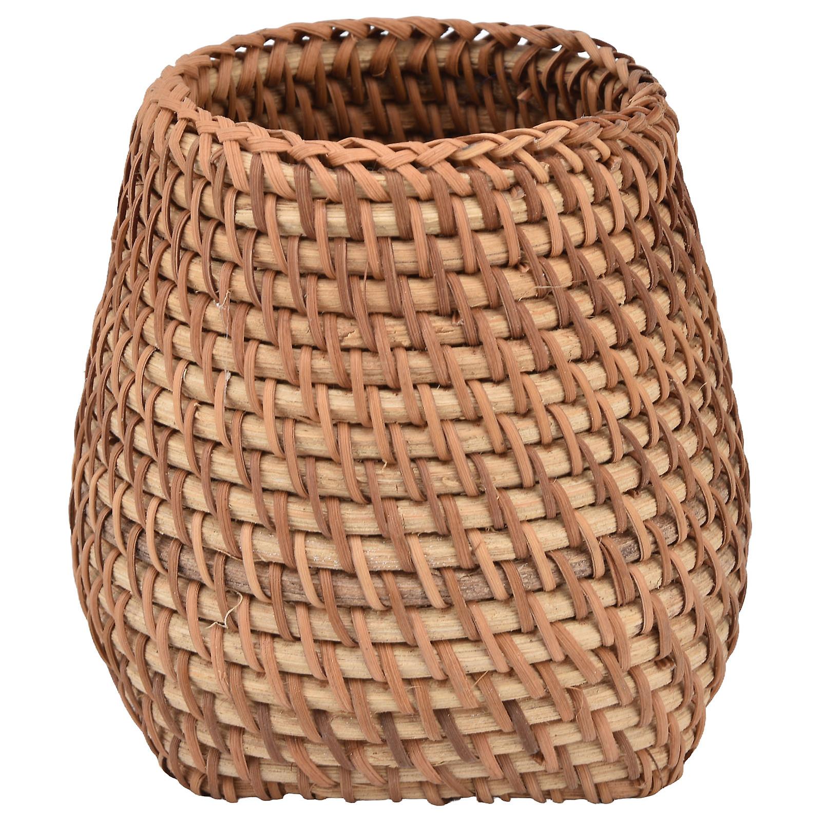 Rattan Pen Holder Hand Woven Cylindrical Desk Organizer Office Home Tea Set Storage Basket