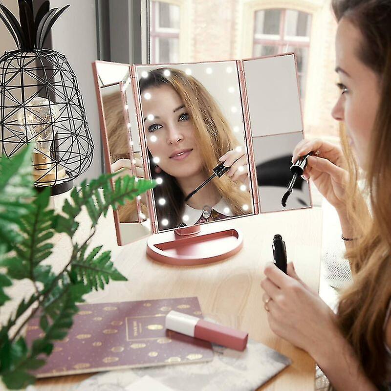 3-sided Led Lighted Standing Mirror - Folding Triptych Makeup Mirror On Stand With 2 X 3 Magnifying Effect - Battery Or Usb - Rose Gold