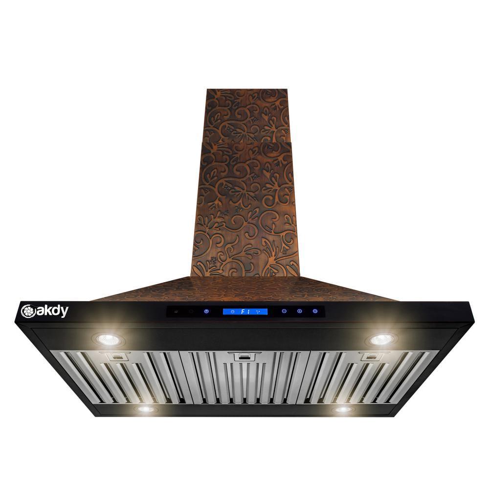 AKDY 36 in Convertible Island Mount in Embossed Copper Vine Design Kitchen Range Hood with Lights