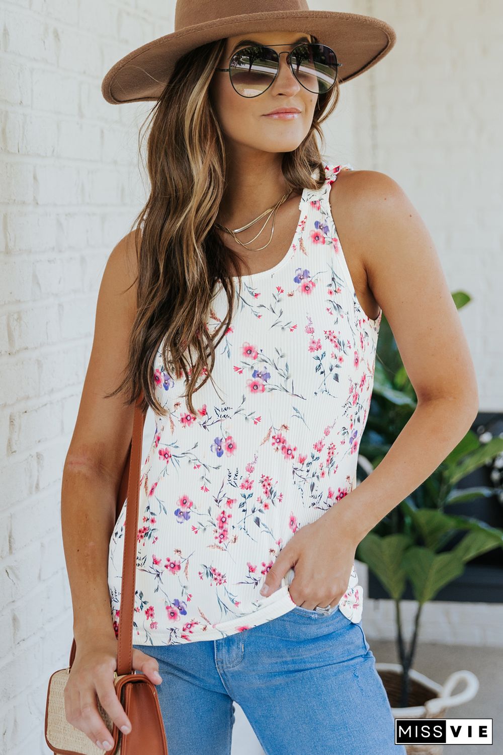 White Ruffle Straps Floral Rib Knit Tank Top