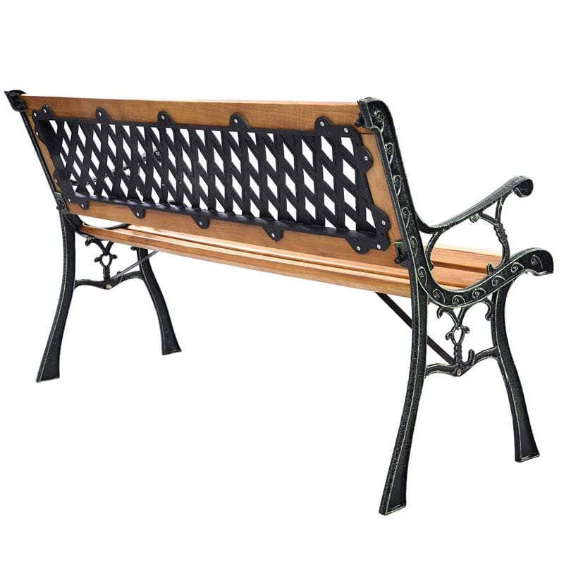 Large Cast Iron Outdoor Bench Seat, Weatherproof Wooden Garden Bench for Patio Park Porch