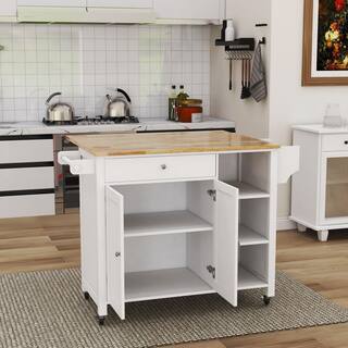 Tileon White Drop Leaf Top Kitchen Island With 1-Drawer 3-Open Shelves Towel Rack and Spice Rack AYBSZHD2024