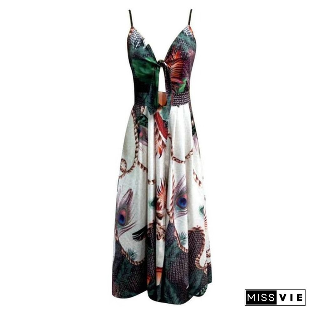 Women Fashion V-neck Tie Waist Floral Sling Dress Vacation Casual Long Skirt