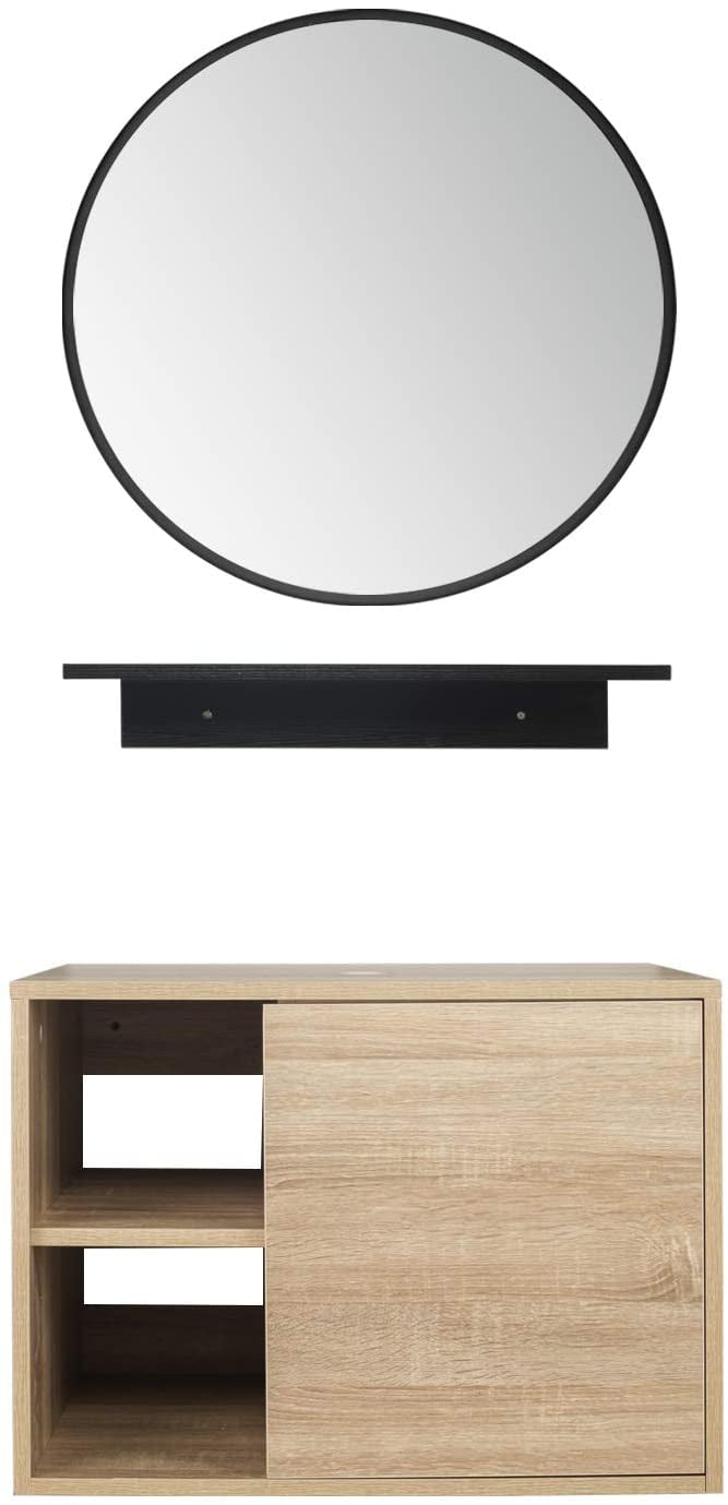 FULLWATT 23.6-Inch Natural Color Wall Mounted Bathroom Vanity, Side Shelves with Round Mirror, 1-Door and 2-Shelves