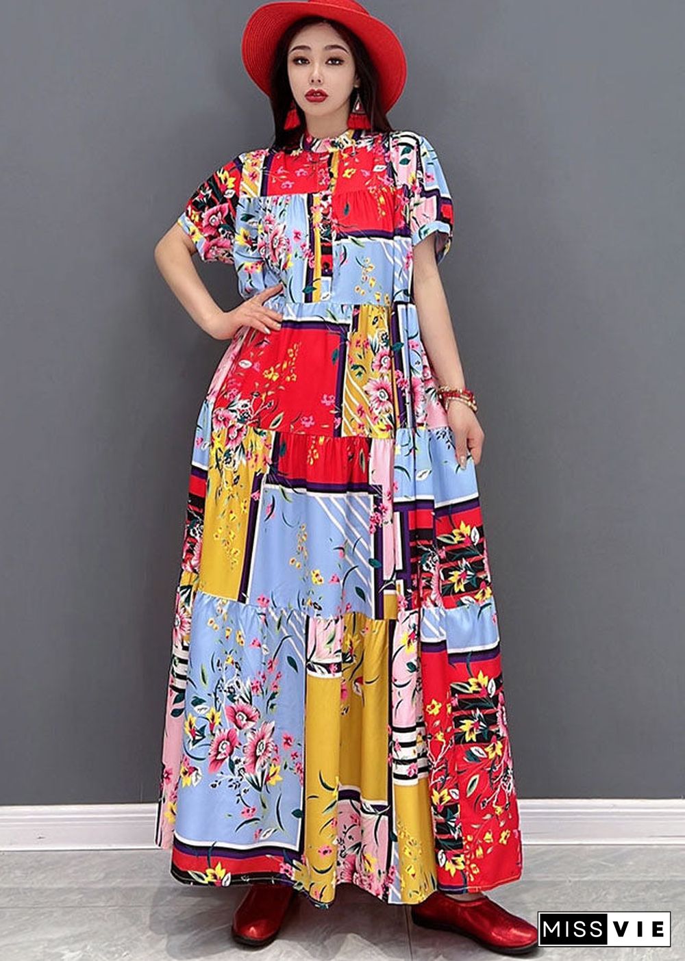 Boutique Red Stand Collar Print Patchwork Loose Long Dresses Short Sleeve