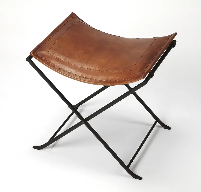 Brown Leather Stool with Iron Base