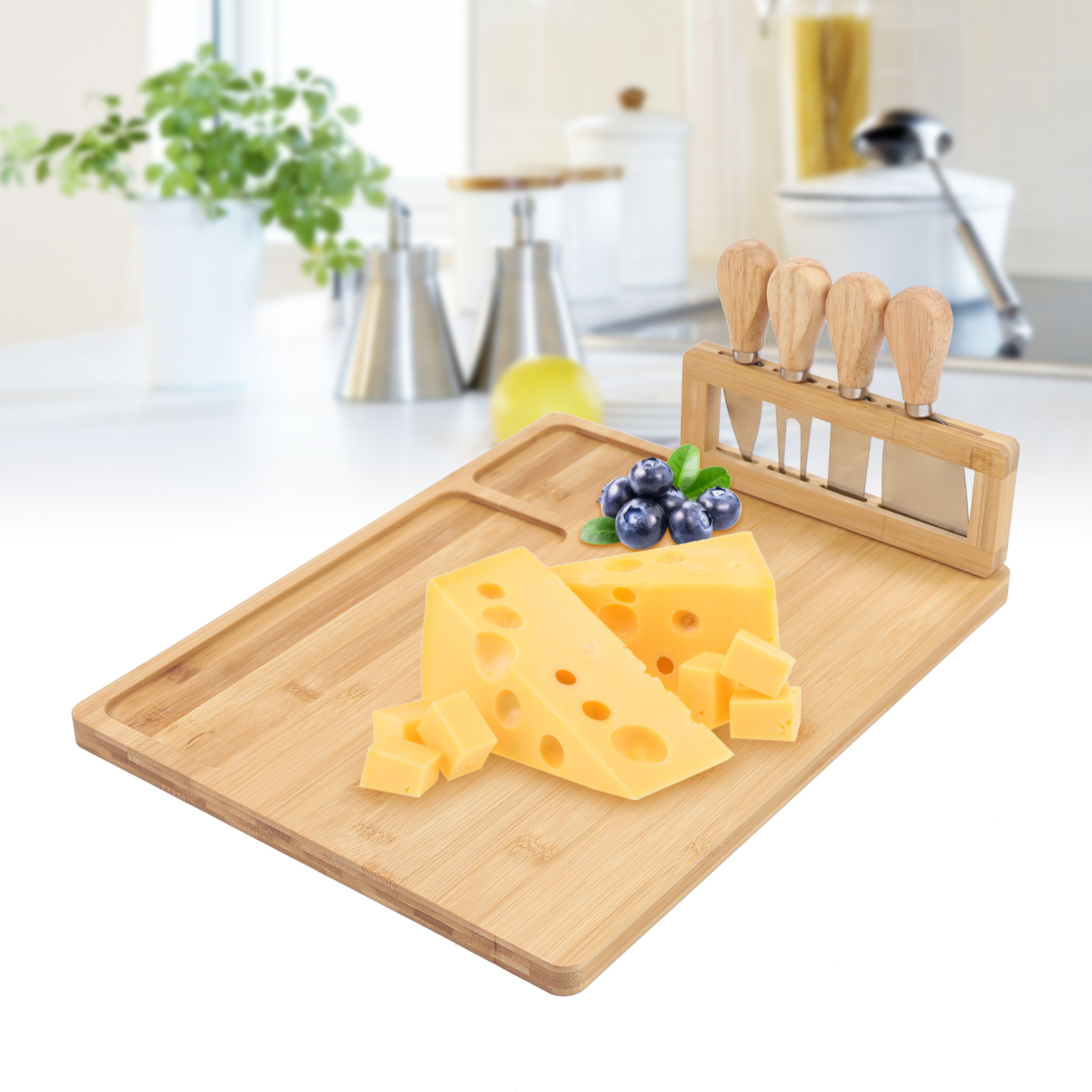 Cheese Board and Knife Set，Charcuterie Platter and Serving Meat Board Bamboo Cheese Board with Cheese Knife Set 35.5 x 28 cm - Wooden Serving Plate for Cheese Serving Board Wooden Cheese Board or Chop