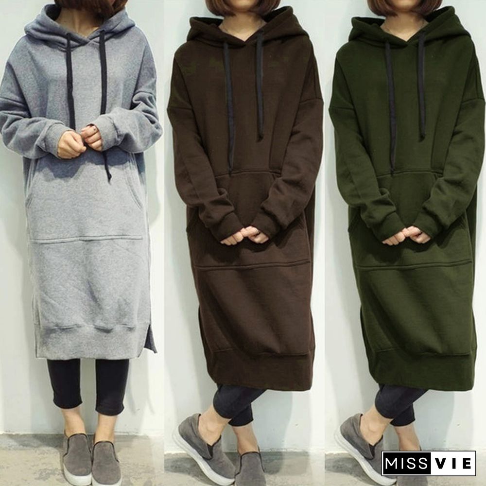 Ladies Hooded Loose Fleece Lined Casual Plus Long Dress Long Hoodies Tops