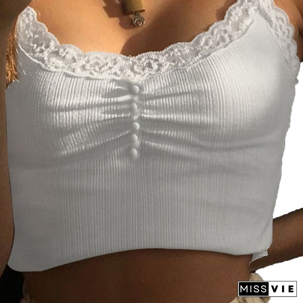 White Lace Patchwork Tank Top Summer Women Home Y2k Fashion Leisure Outfit Basic Casual Crop Tops Lolita Kawaii Clothes