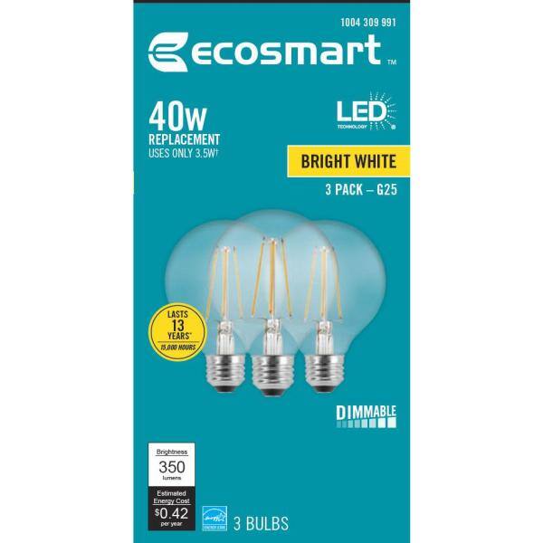 EcoSmart 40-Watt Equivalent G25 Dimmable ENERGY STAR Clear Glass Filament Vintage Edison LED Light Bulb Bright White (3-Pack) FG-03237