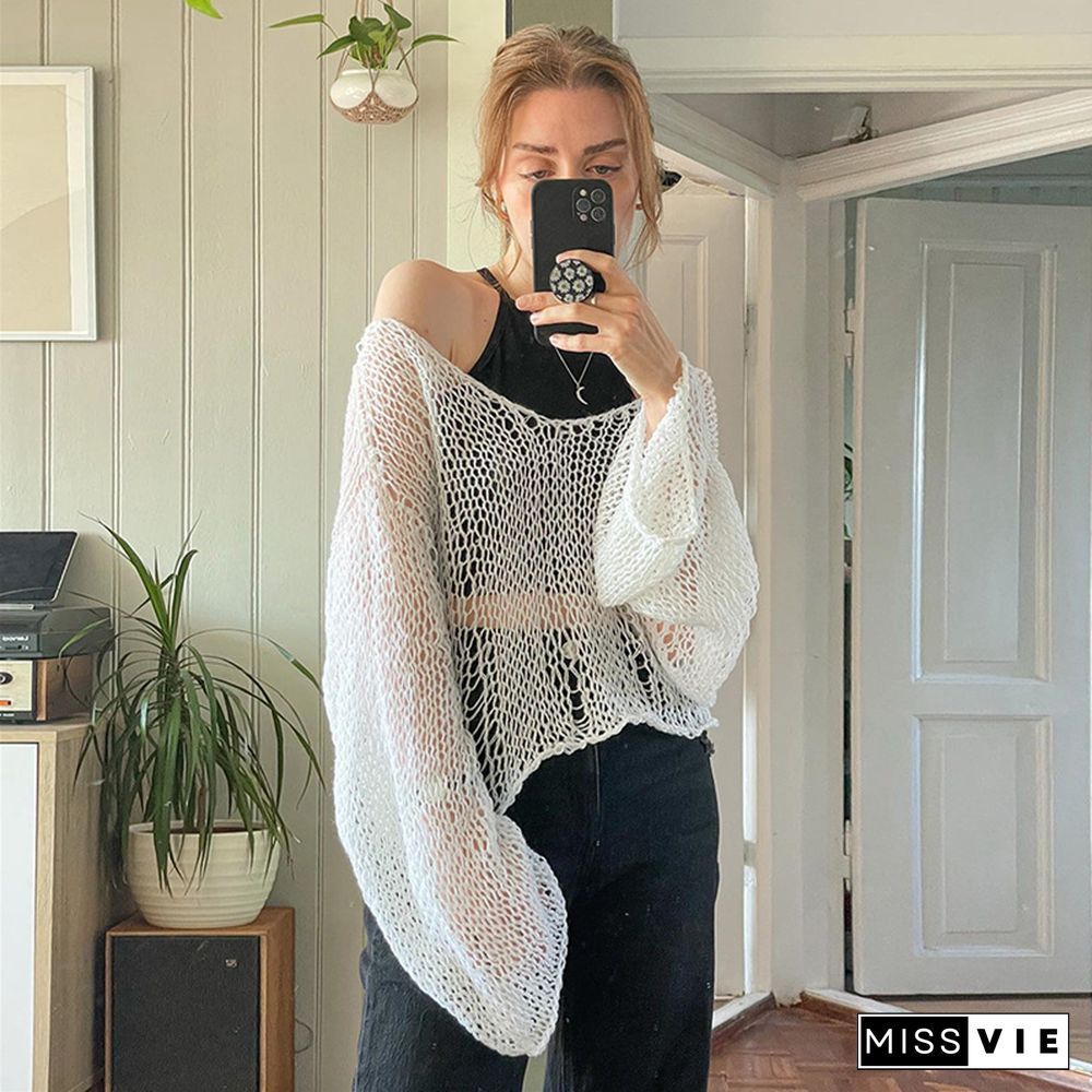 Knitted Crop Top Y2k Aesthetic Grunge Crochet V Neck Long Sleeve T Shirt White Hollow Out Tee Women Beach Cover Up