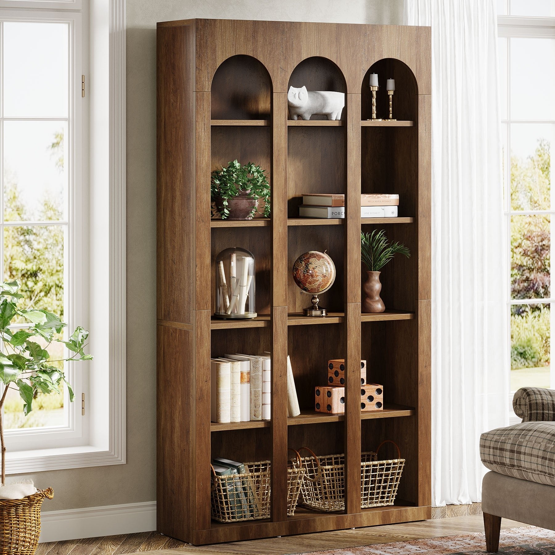 70.8 Wood Bookshelf, 5-Tier Rustic Bookcase Display Storage Shelving Unit