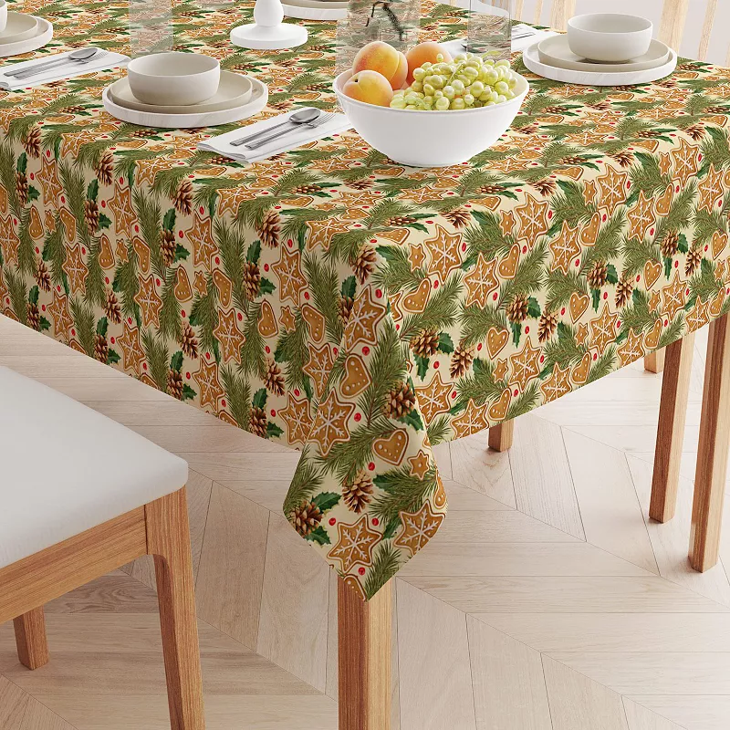 Square Tablecloth， 100% Polyester， 60x60， Holiday Gingerbread Cookies and Pinecones