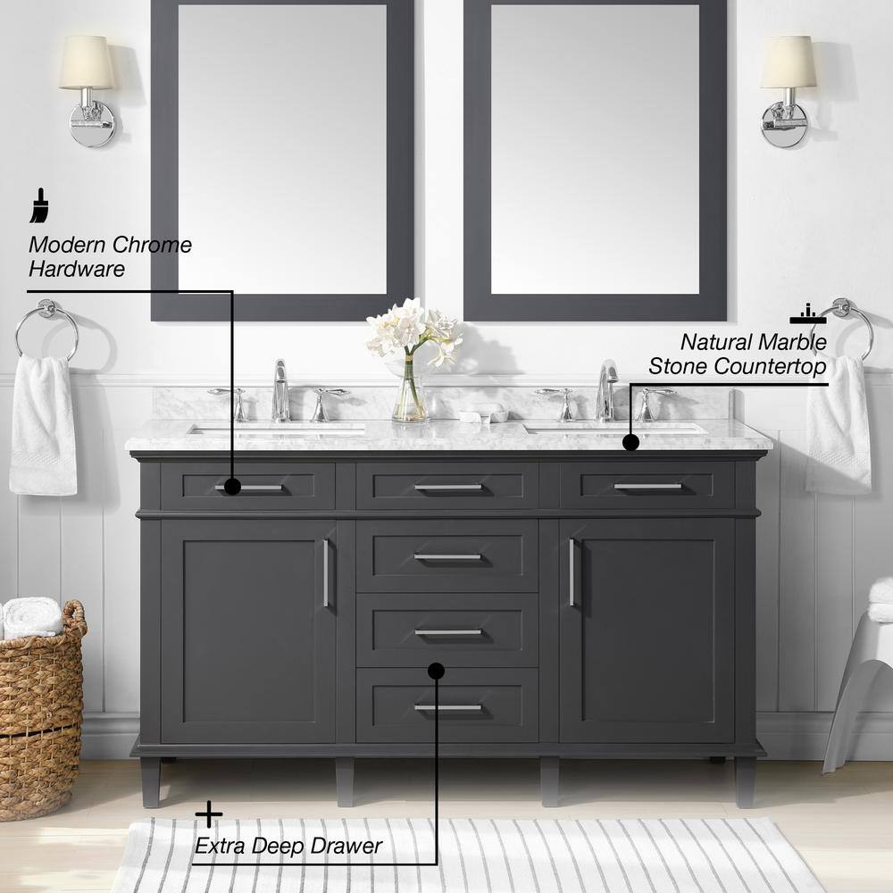 Home Decorators Collection Sonoma 60 in. W x 22 in. D x 34 in H Bath Vanity in Pebble Gray with White Carrara Marble Top 8105300240