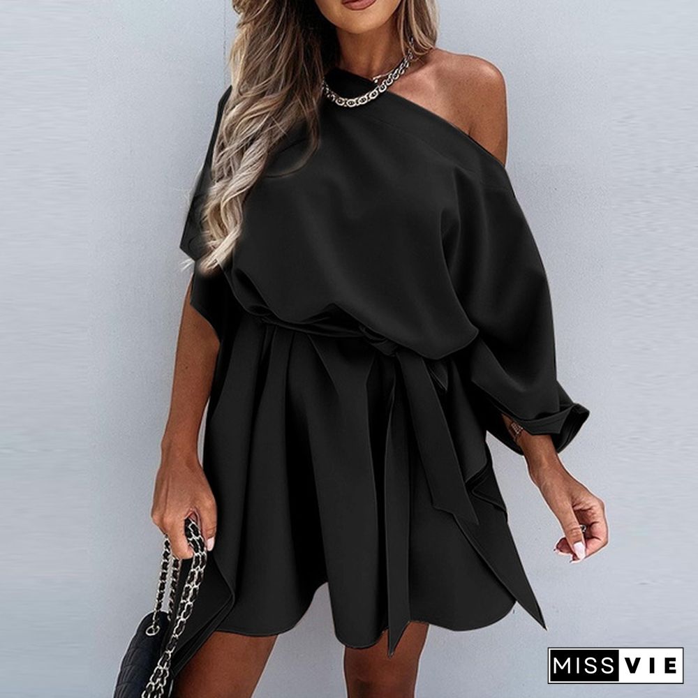 Women Fashion Batwing Sleeve Party Holiday Mini Dress One Off Shoulder Sexy Ruffled Short Dress Vestidos Plus Size