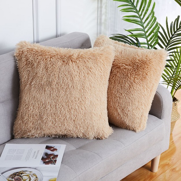 Trinity 2 Pieces Shaggy Fluffy Faux Fur Decorative Throw Pillow Cover Taupe