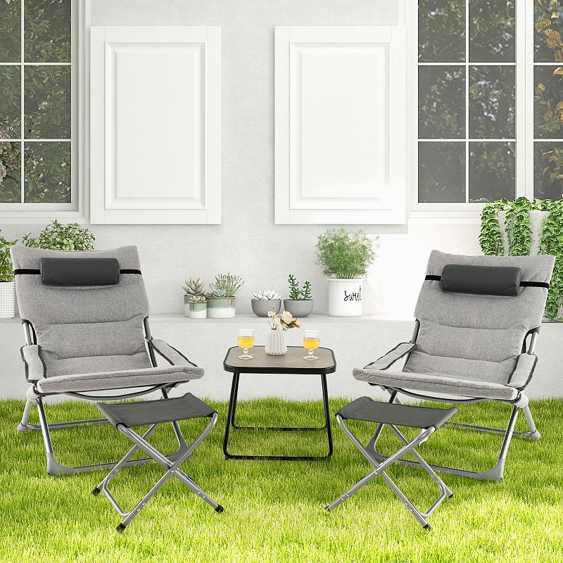 5-Piece Patio Sling Chair Set Folding Lounge Chairs with Footrests and Coffee Table-Grey