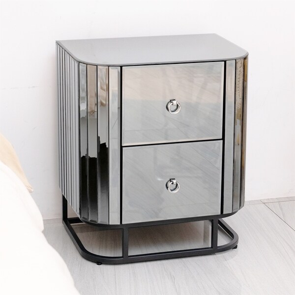 Black Iron Frame Mirrored Nightstand for Bedroom