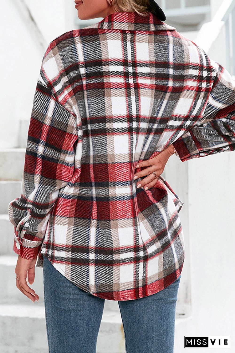 Plaid Flannel Button Down Pocketed Shacket Jacket Coats Wholesale