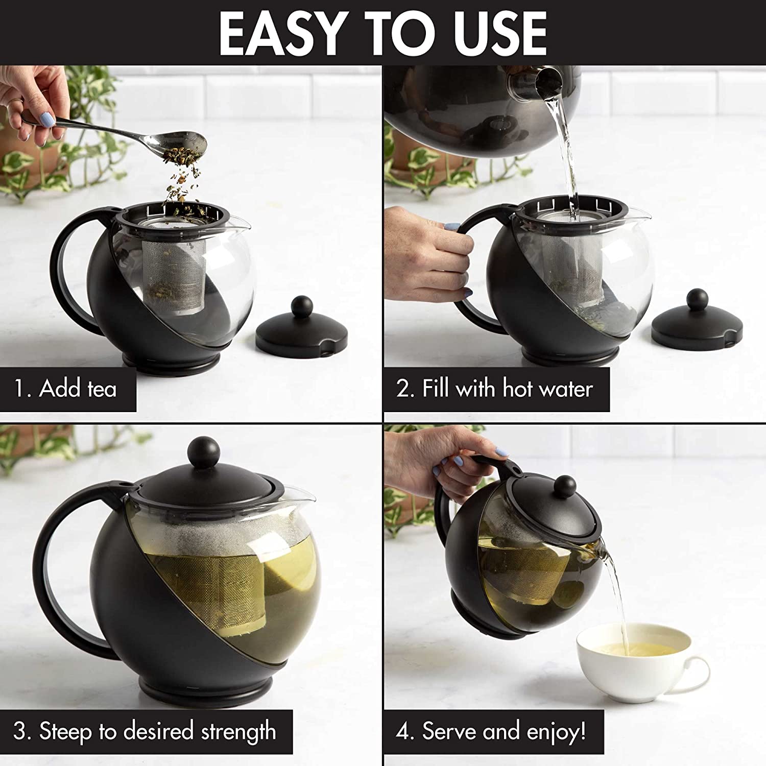 Primula Half Moon Teapot Set with 4 Tea Cups, Removable Stainless Steel Filter and Infuser, Glass Tea Maker, Filter, Dishwasher Safe, 40-Ounce, Tea Gift Set, Tea Set for Service of 4 Adults