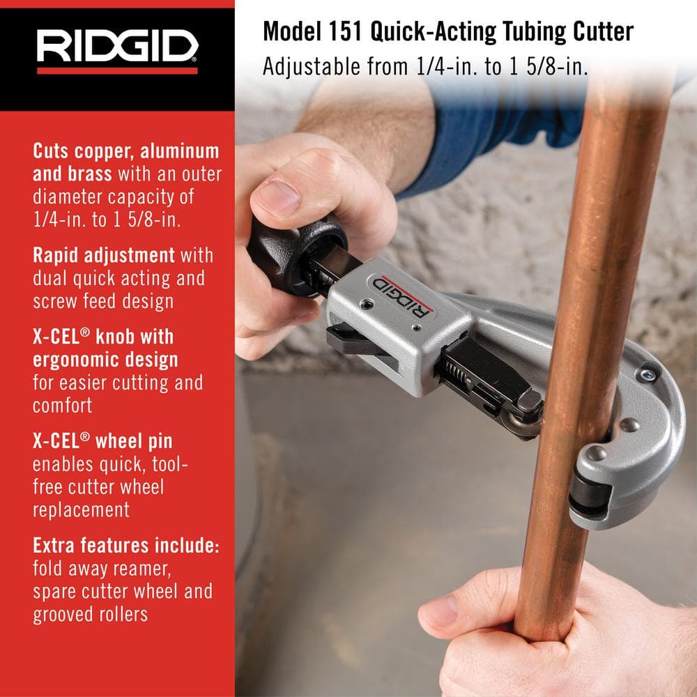 RIDGID 1/4 in. to 1-5/8 in. 151 Quick Acting Copper Pipe & Aluminum Tubing Cutter w/ Easy Change Wheel Pin + Spare Wheel 31632