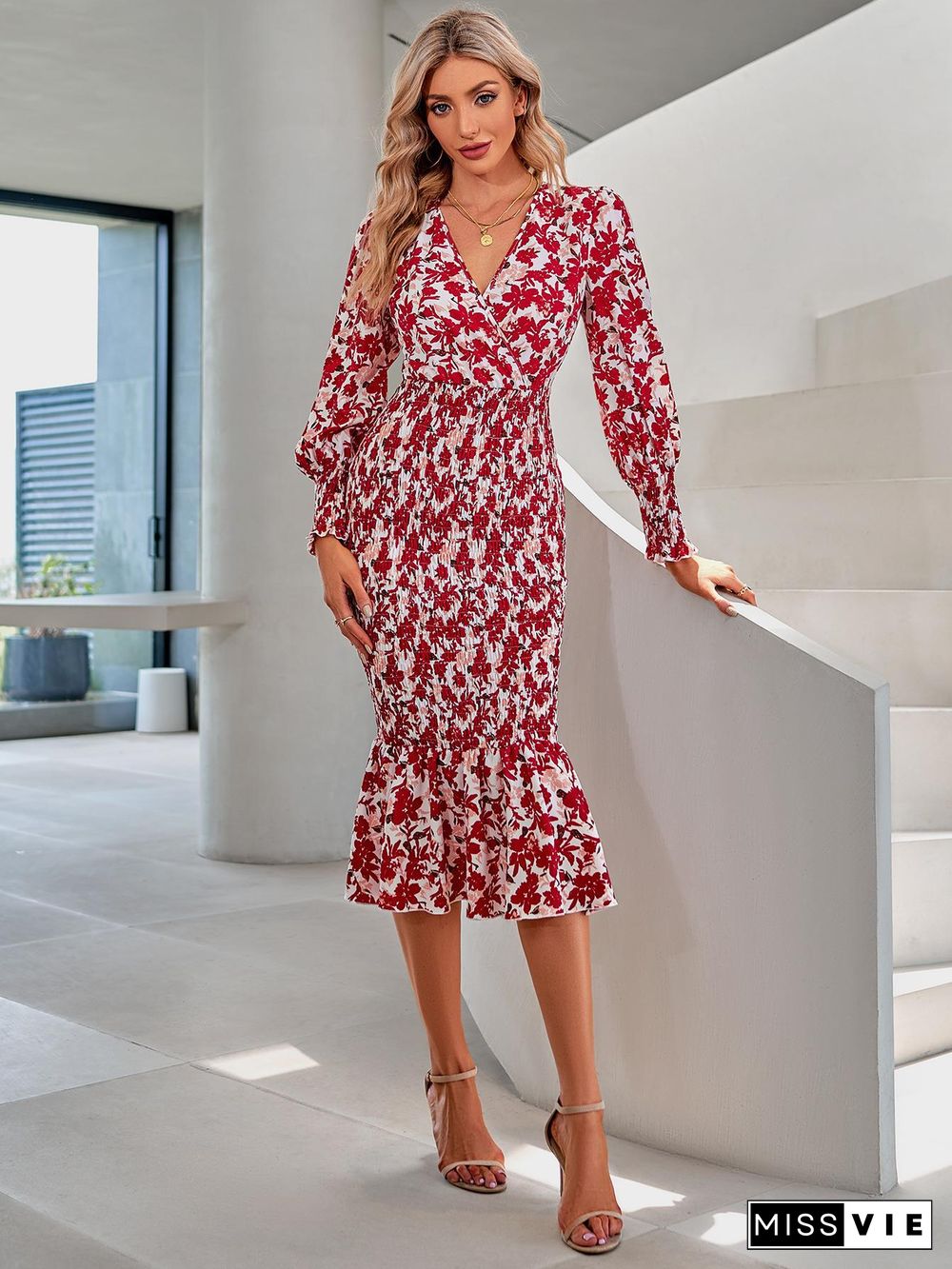 Wrap V Neck Pleated Fishtail Puffy Sleeves Midi Floral Dress