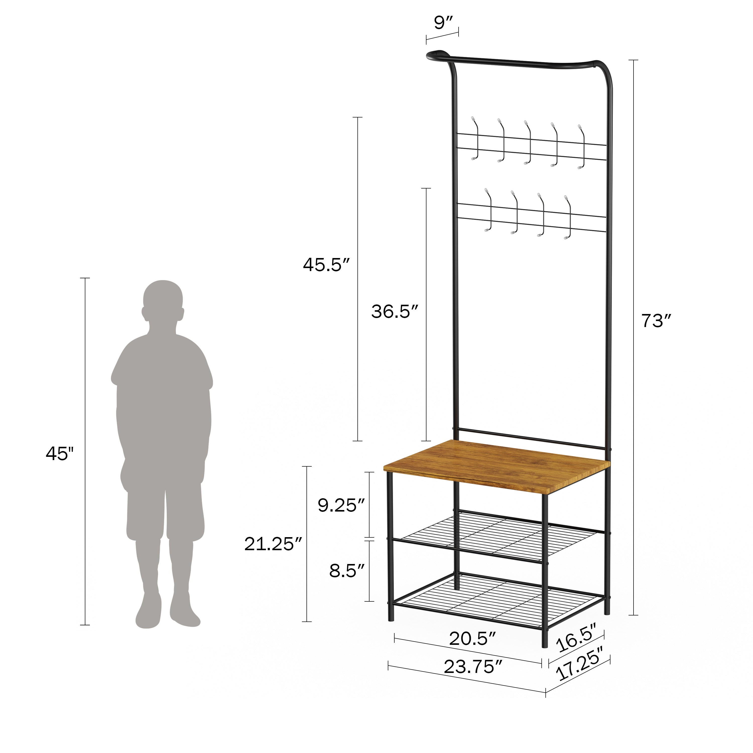 Lavish Home Entryway Bench with Coat Rack – Metal Hall Tree with Seat， Hooks， and Shoe Storage